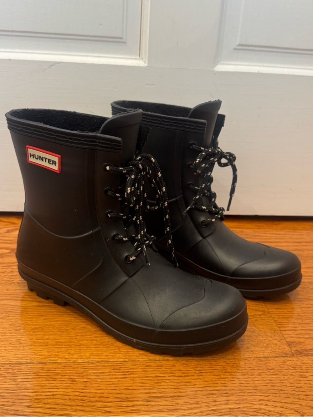 Hunter Black Watson Rubber Lace-Up Ankle Boots Sherpa Lined Rain Booties 8